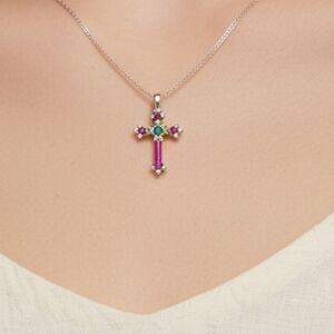Silver Cross Pendant Necklace With Accent Colors (Fushia, Green And Blue)